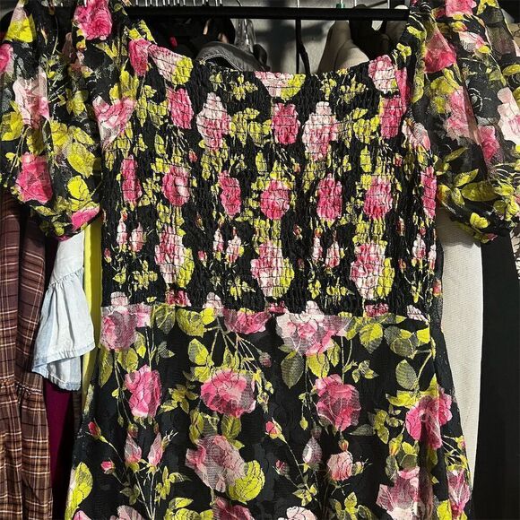 Betsey Johnson Floral Lace Mini Dress Black Short Sleeve Square Neck Women's S - Picture 5 of 6